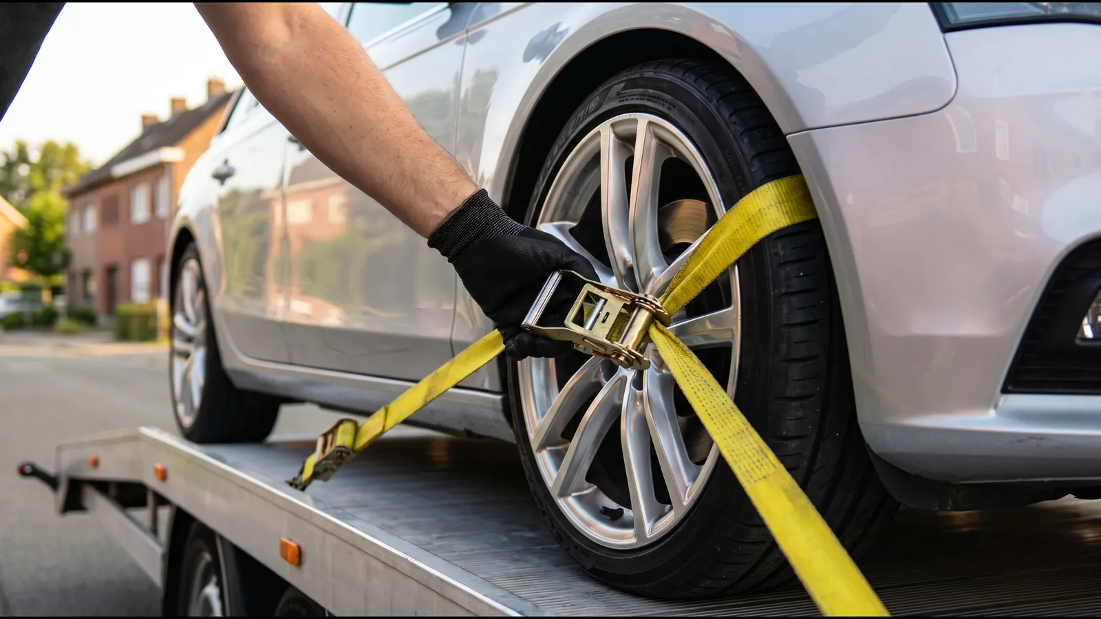 Une main gantée serre la sangle autour de la roue d’une voiture sur le plateau de la dépanneuse.